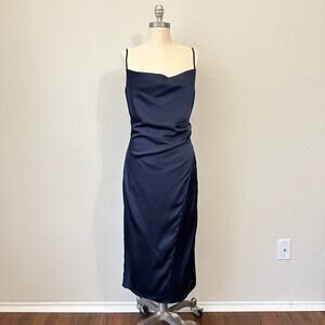 ISALIS Sofia Silky Slip Dress Navy Blue Satin Draped Evening Cocktail